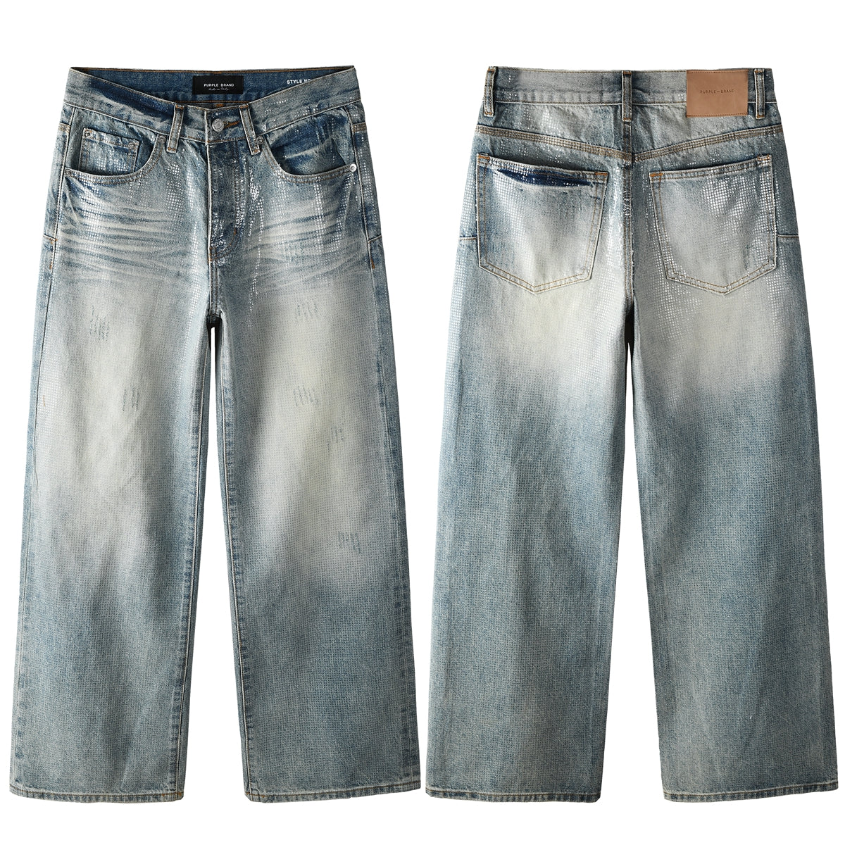 Men’s Light Blue Wide Leg Jeans with Shiny Textured Grid Finish Vintage Street Loose Denim Pants 103