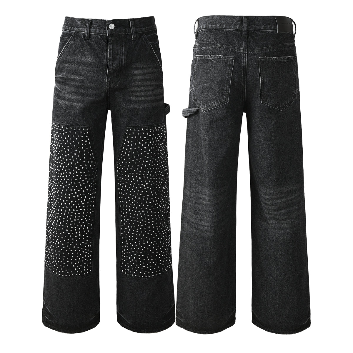 Men's Wide Leg Black Denim Jeans with Studded Front Panels and Streetwear Workwear Inspired Design 104
