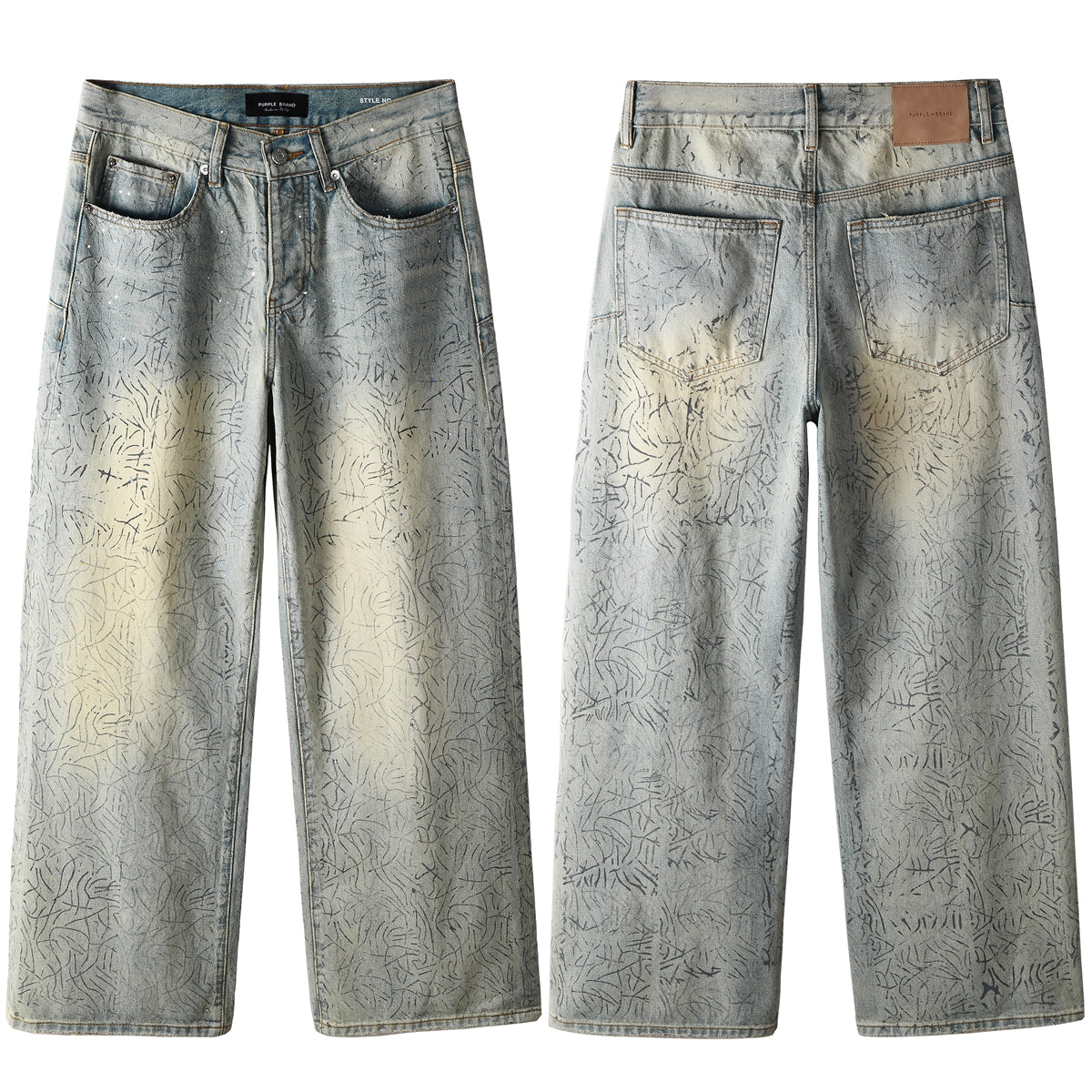 Mens Light Blue Wide Leg Jeans Loose Fit Vintage Wash with Abstract Pattern Streetwear 107