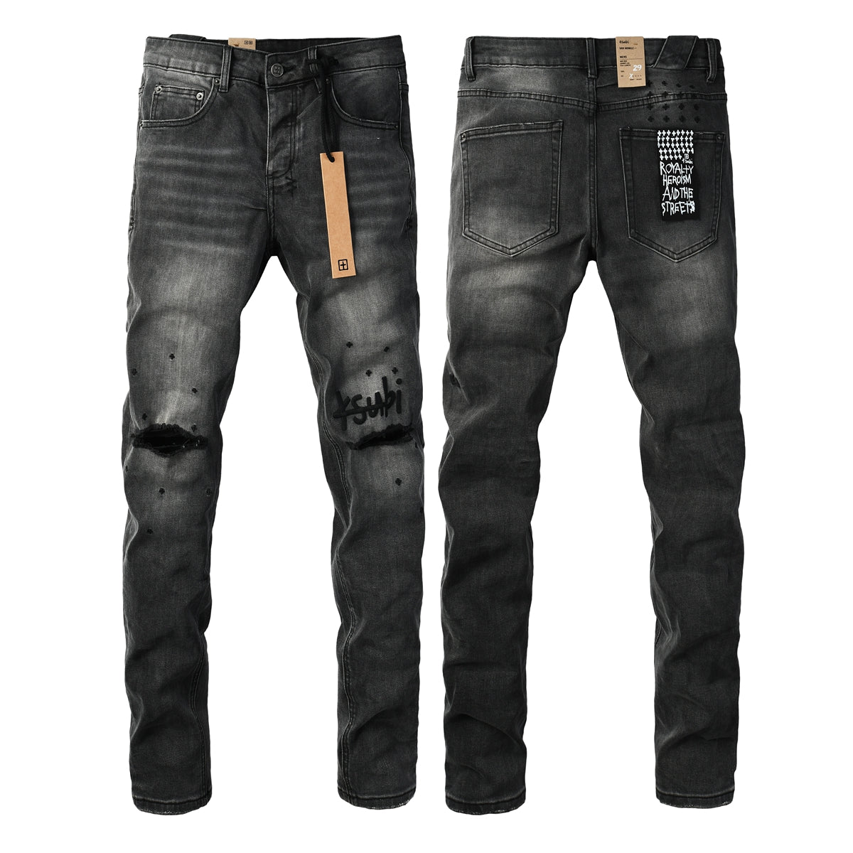 Men Streetwear Jeans Washed Black with Ripped Knees Paint Splatter and Graphic Patch 3034