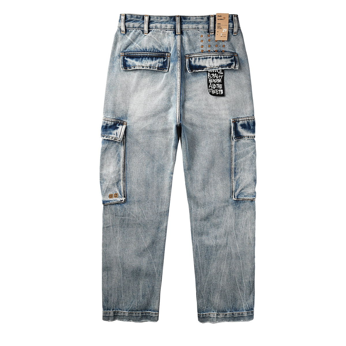 Jean cargo bleu clair délavé style années 2000 avec poches patchwork et imprimé graffiti 3043