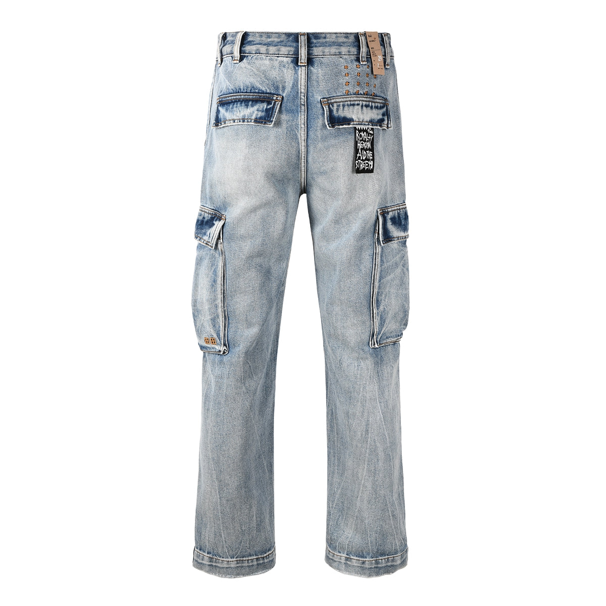 Jean cargo bleu clair délavé style années 2000 avec poches patchwork et imprimé graffiti 3043