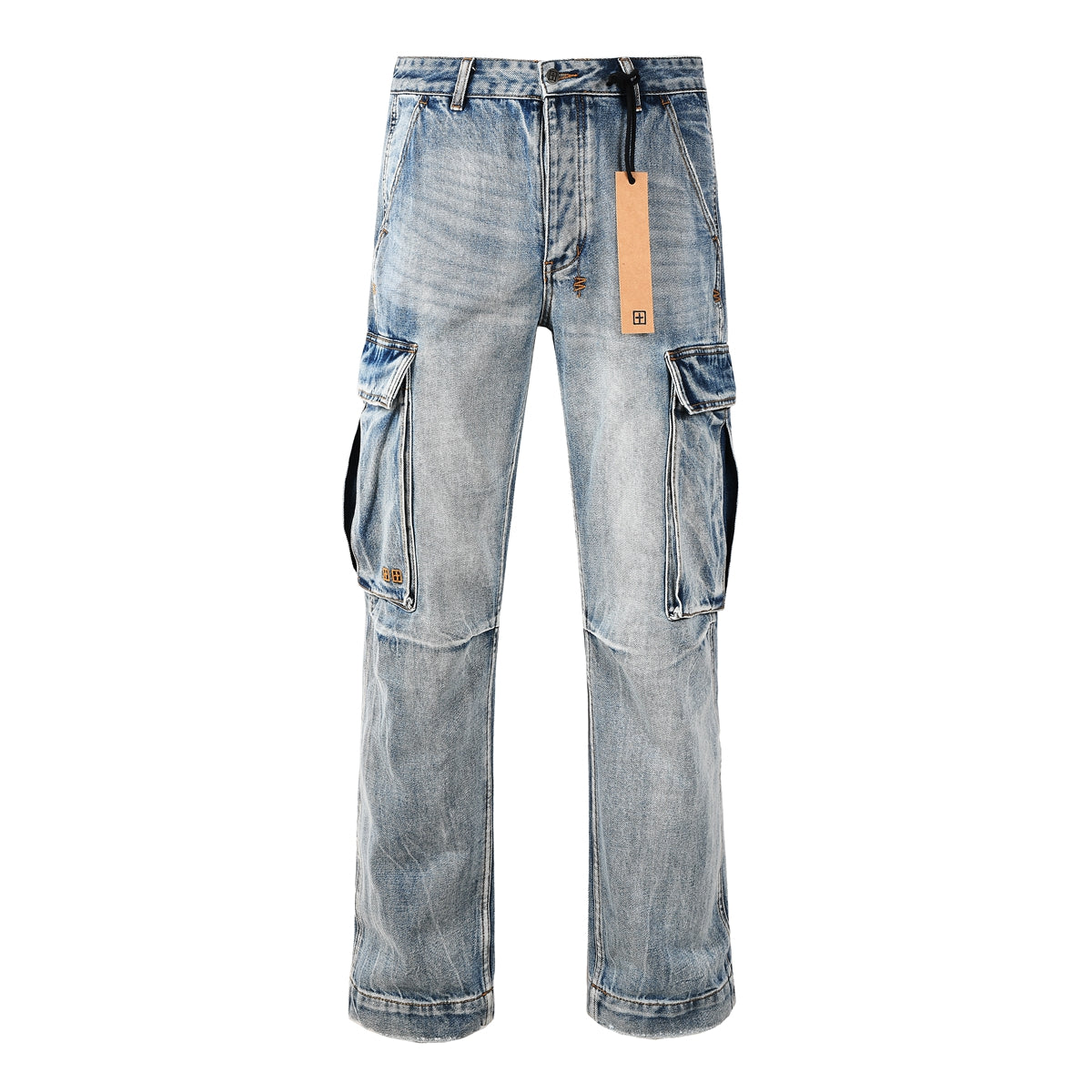 Jean cargo bleu clair délavé style années 2000 avec poches patchwork et imprimé graffiti 3043