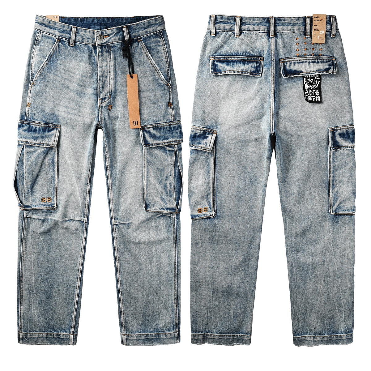 Jean cargo bleu clair délavé style années 2000 avec poches patchwork et imprimé graffiti 3043