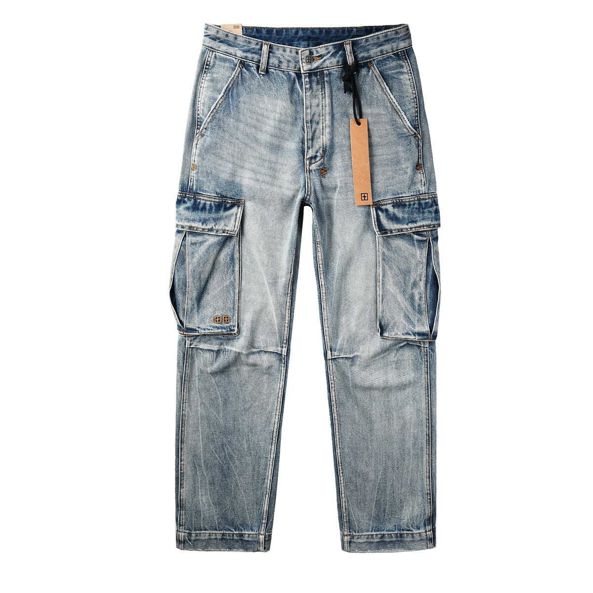 Jean cargo bleu clair délavé style années 2000 avec poches patchwork et imprimé graffiti 3043