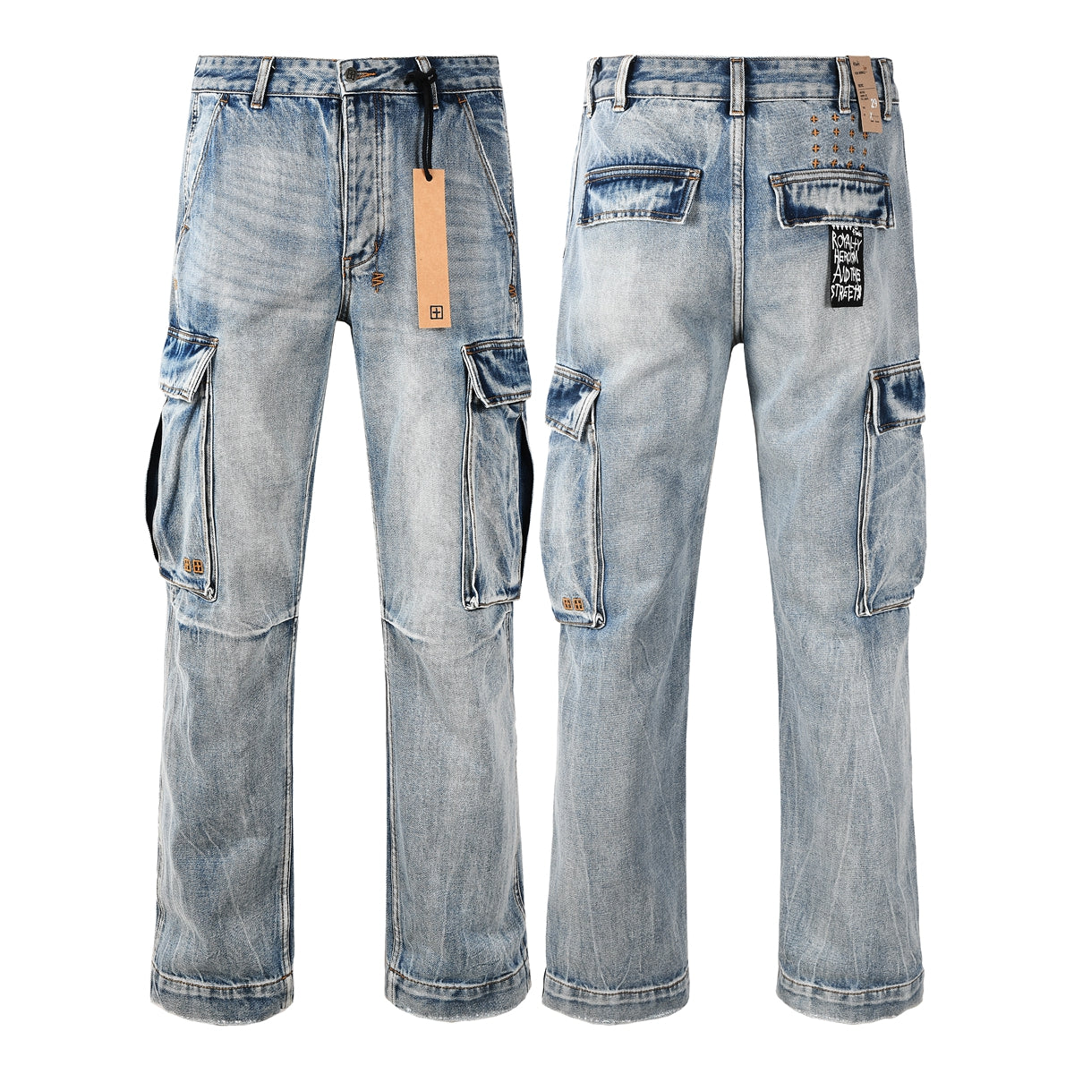 Jean cargo bleu clair délavé style années 2000 avec poches patchwork et imprimé graffiti 3043