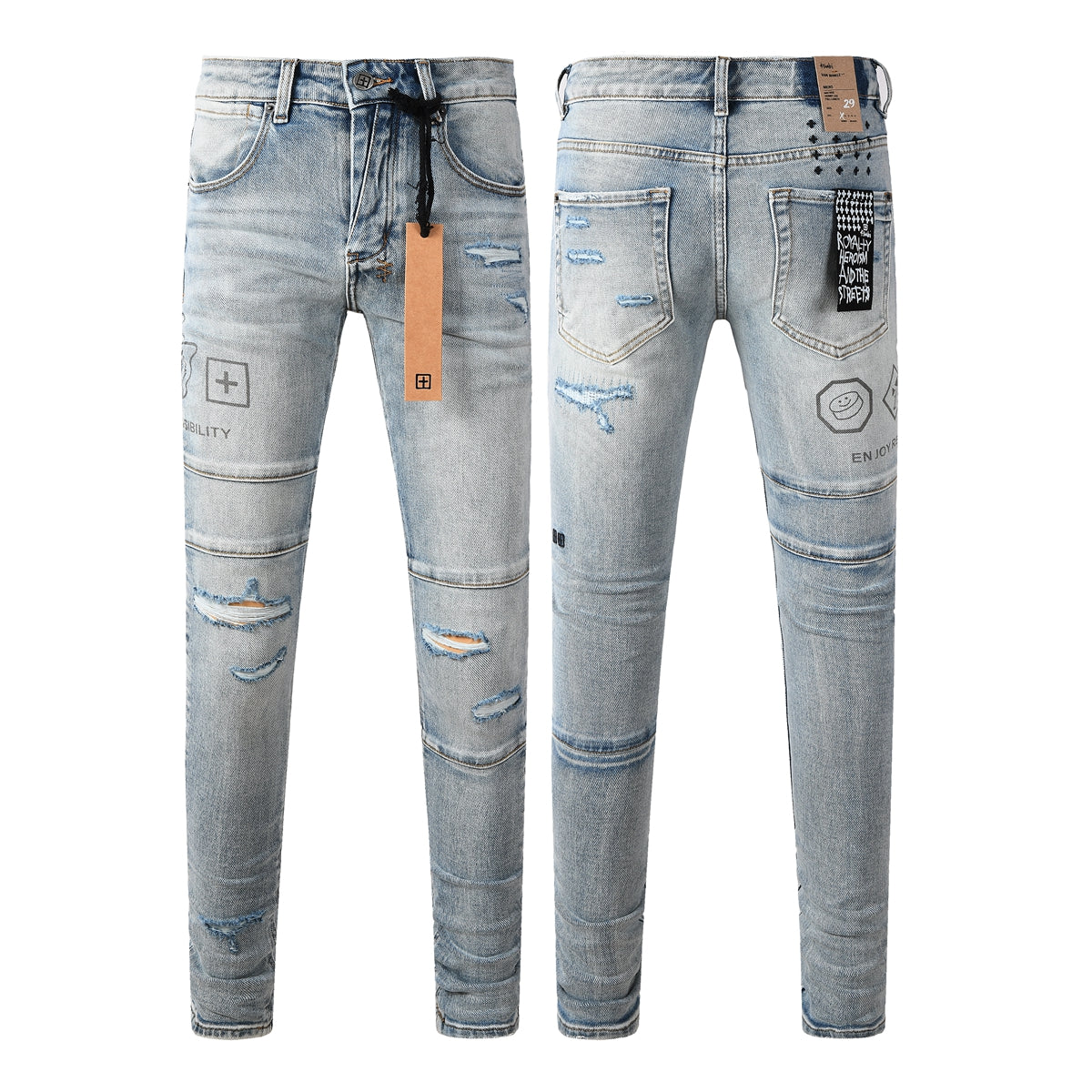 Vaqueros ajustados y desgastados de estilo urbano vanguardista para hombre, en azul claro, con parches gráficos de símbolos futuristas y un efecto desgastado intenso (3048)