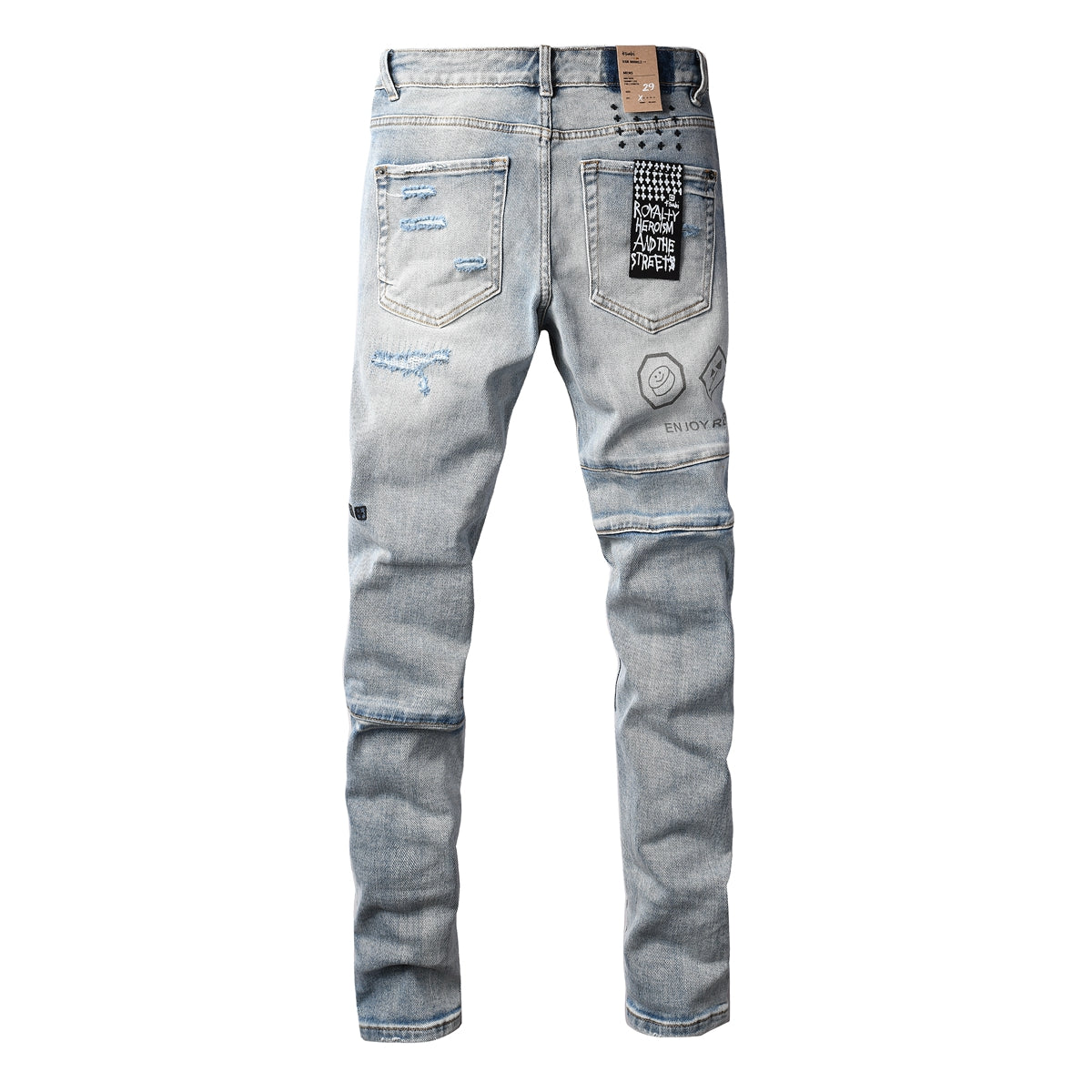 Vaqueros ajustados y desgastados de estilo urbano vanguardista para hombre, en azul claro, con parches gráficos de símbolos futuristas y un efecto desgastado intenso (3048)