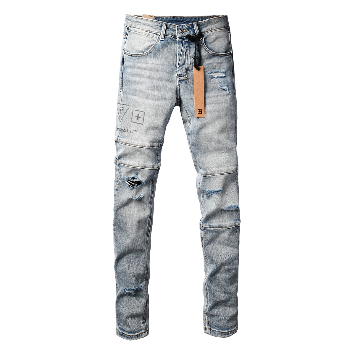 Vaqueros ajustados y desgastados de estilo urbano vanguardista para hombre, en azul claro, con parches gráficos de símbolos futuristas y un efecto desgastado intenso (3048)