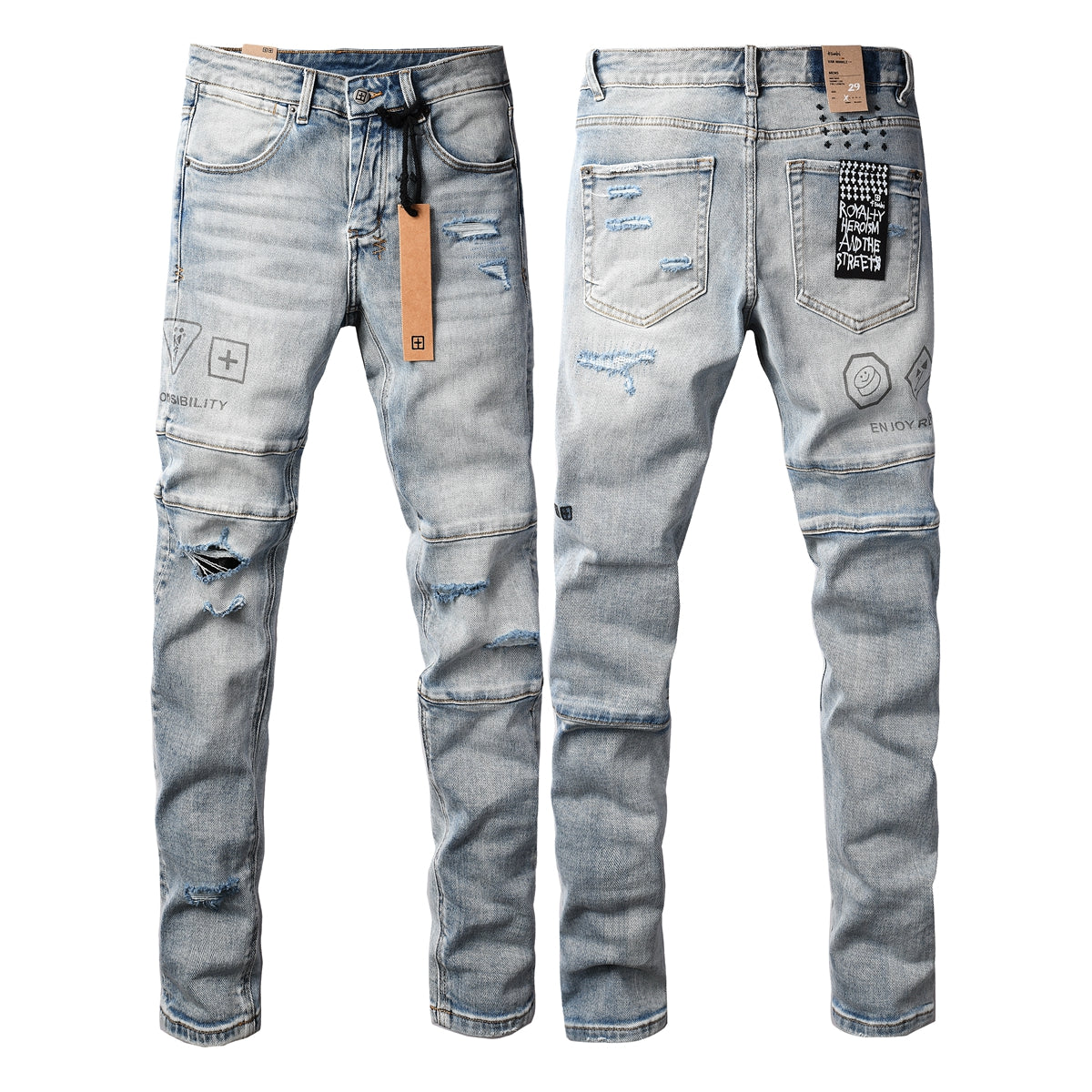 Vaqueros ajustados y desgastados de estilo urbano vanguardista para hombre, en azul claro, con parches gráficos de símbolos futuristas y un efecto desgastado intenso (3048)