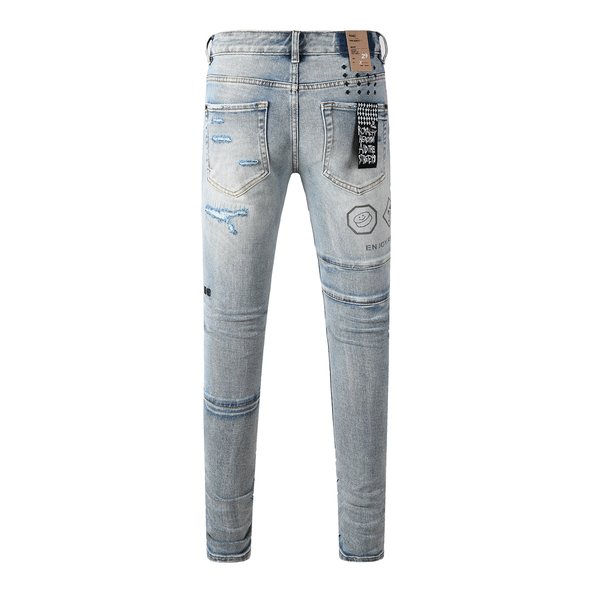Vaqueros ajustados y desgastados de estilo urbano vanguardista para hombre, en azul claro, con parches gráficos de símbolos futuristas y un efecto desgastado intenso (3048)