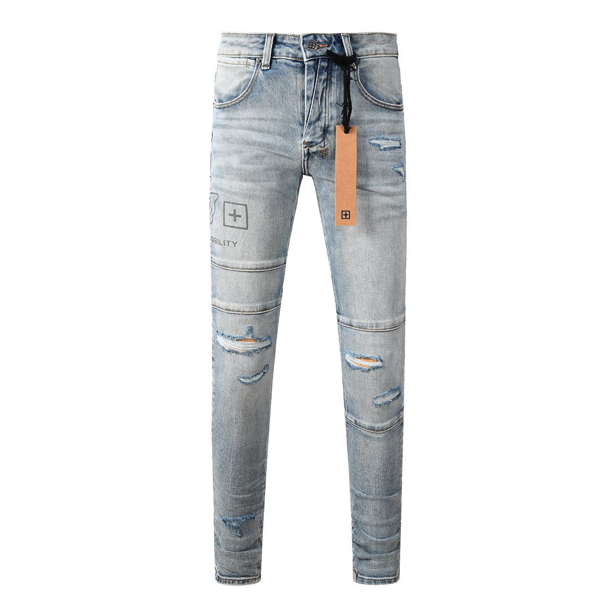 Vaqueros ajustados y desgastados de estilo urbano vanguardista para hombre, en azul claro, con parches gráficos de símbolos futuristas y un efecto desgastado intenso (3048)
