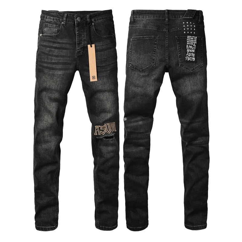 Mens Skinny Black Jeans with Ripped Embroidery and Printed Back Pocket Streetwear Style 3052