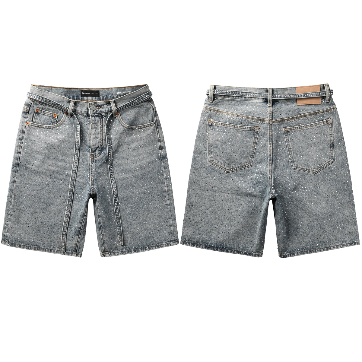 Mens Light Blue Denim Shorts with Sparkling Rhinestones Stylish Summer Streetwear Look 5096
