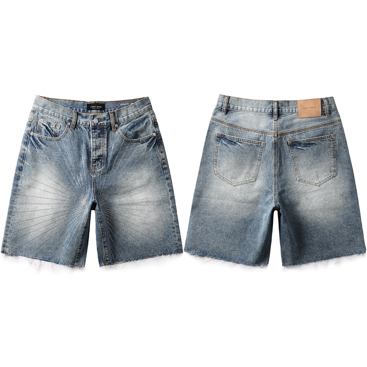 Men’s Blue Denim Shorts with Rhinestone Sunburst Design and Raw Hem 5100