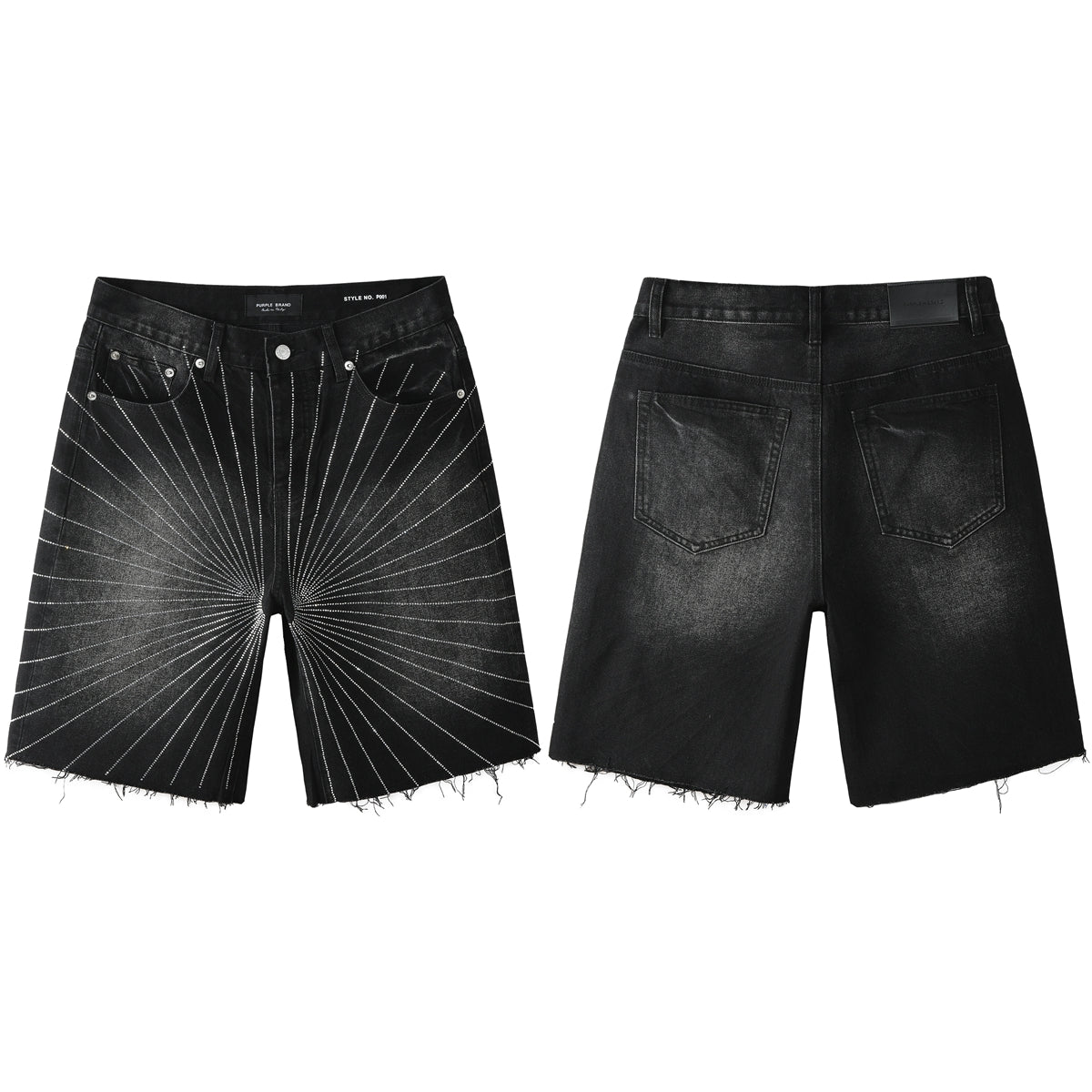 Men’s Black Denim Shorts with Radiating Studded Stripe Design Raw Hem Streetwear Style 5104