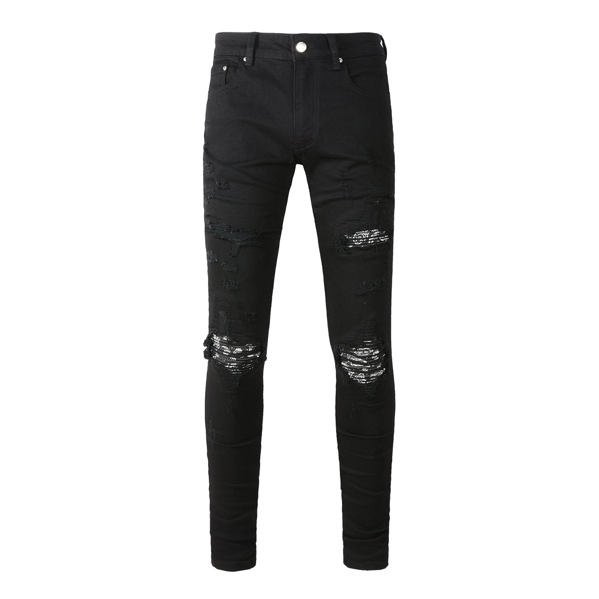Men’s Black Skinny Jeans with Heavy Ripped Details and Sparkling Fabric Underlays for a Bold Nightlife Look 666