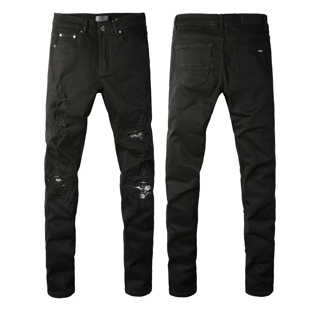 Men’s Black Skinny Jeans with Heavy Ripped Details and Sparkling Fabric Underlays for a Bold Nightlife Look 666