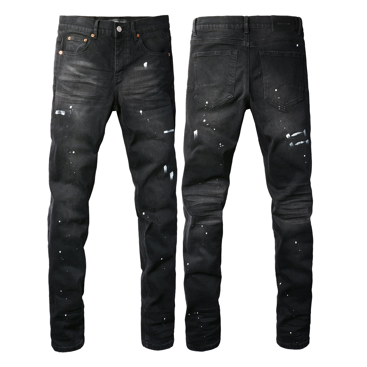 Men’s Black Skinny Jeans with White Paint Splatter Detailing Streetwear Stretch Denim Pants 9098