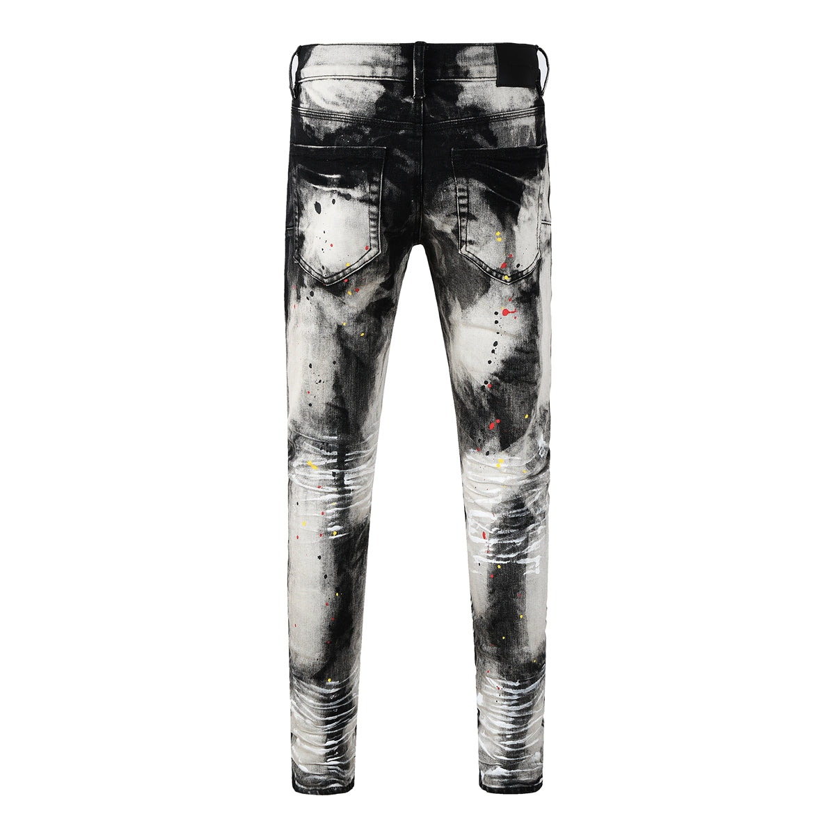 Men Streetwear Skinny Jeans Black and White Graffiti Wash with Multi Color Paint Splash 9111
