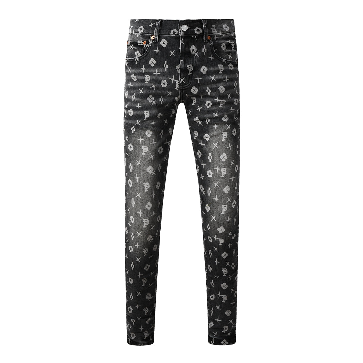 Men Classic Street Skinny Jeans Dark Grey Monogram Print All Over Distressed Style 9112