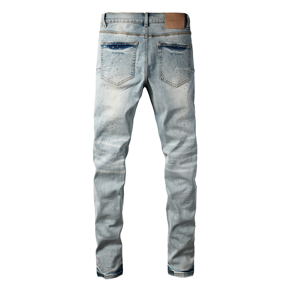 Men Streetwear Skinny Jeans Light Blue with Rhinestone Studs and Distressed Details 9119