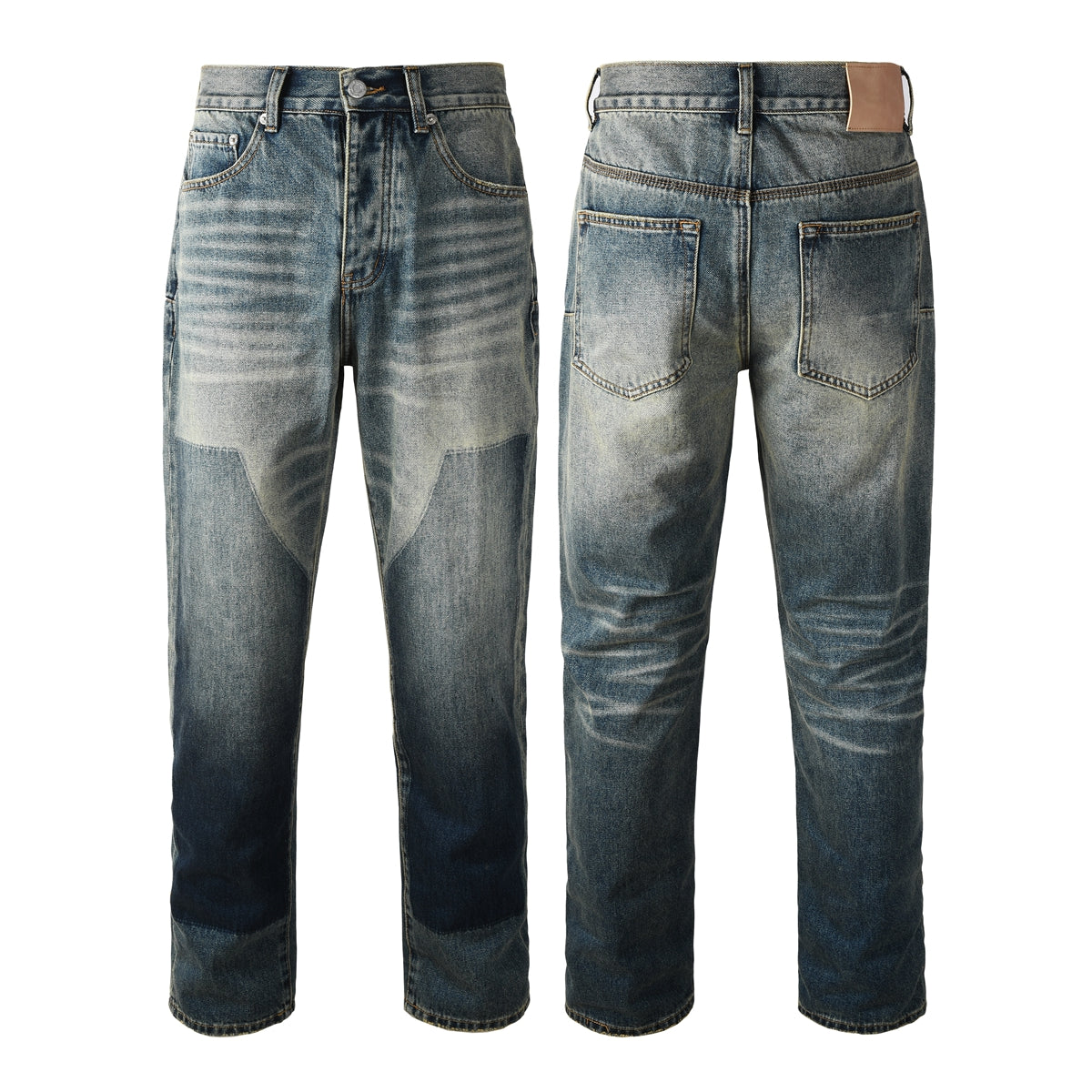 Men Vintage Streetwear Straight Jeans Blue Washed with Whisker Fade and Contrast Panels 9120
