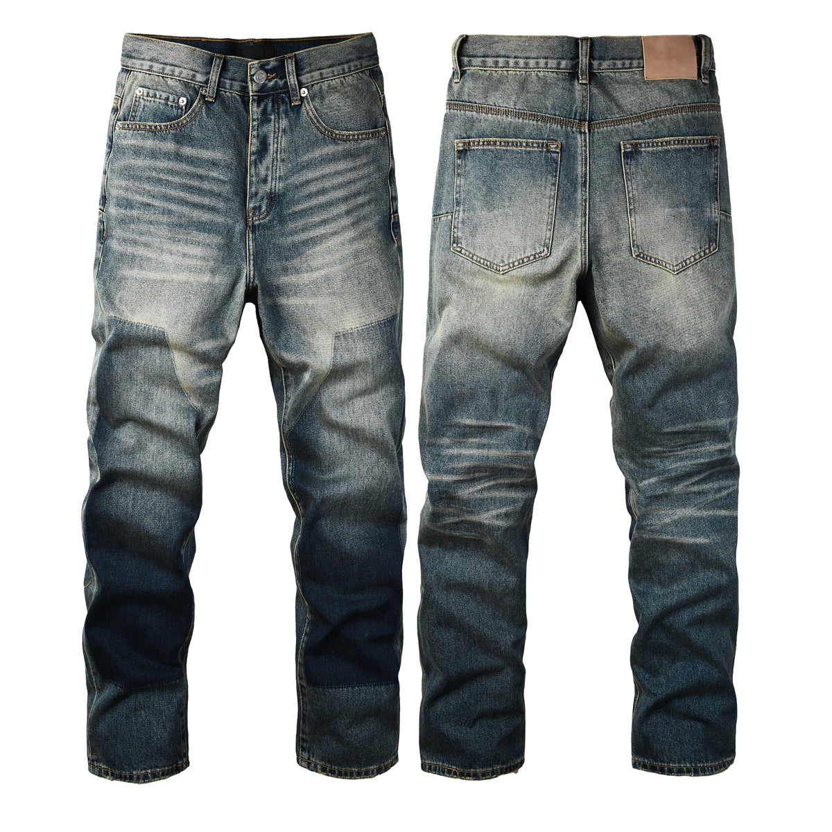 Men Vintage Streetwear Straight Jeans Blue Washed with Whisker Fade and Contrast Panels 9120