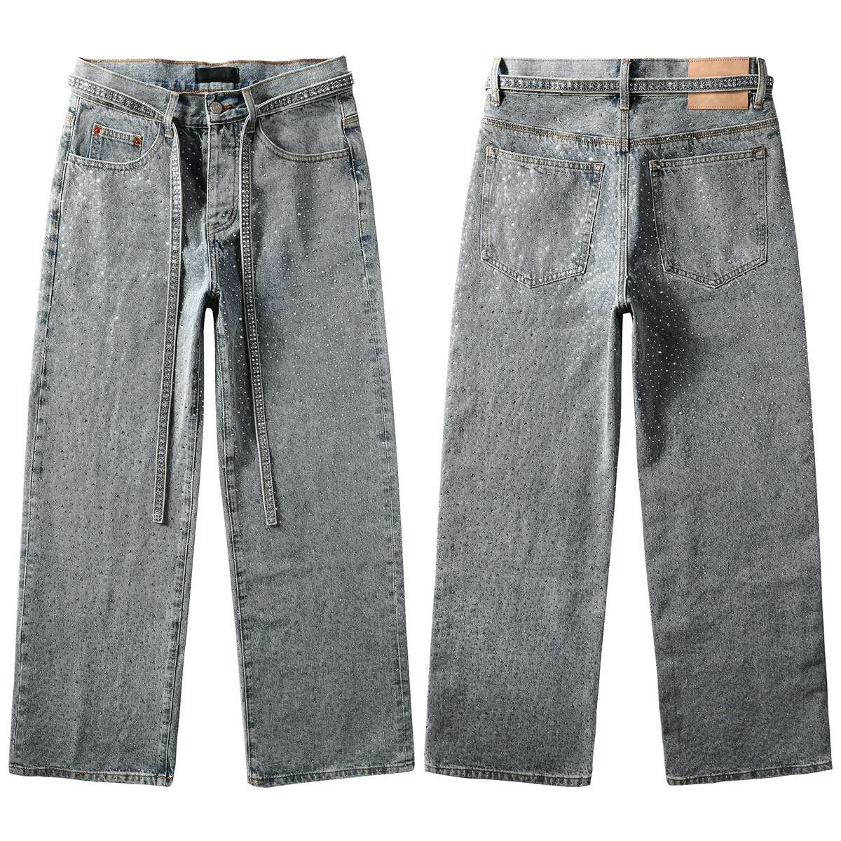 Jean homme inspiré des années 2000, coupe décontractée, avec ornements en cristal et décoration unique de lanière à nouer 9129