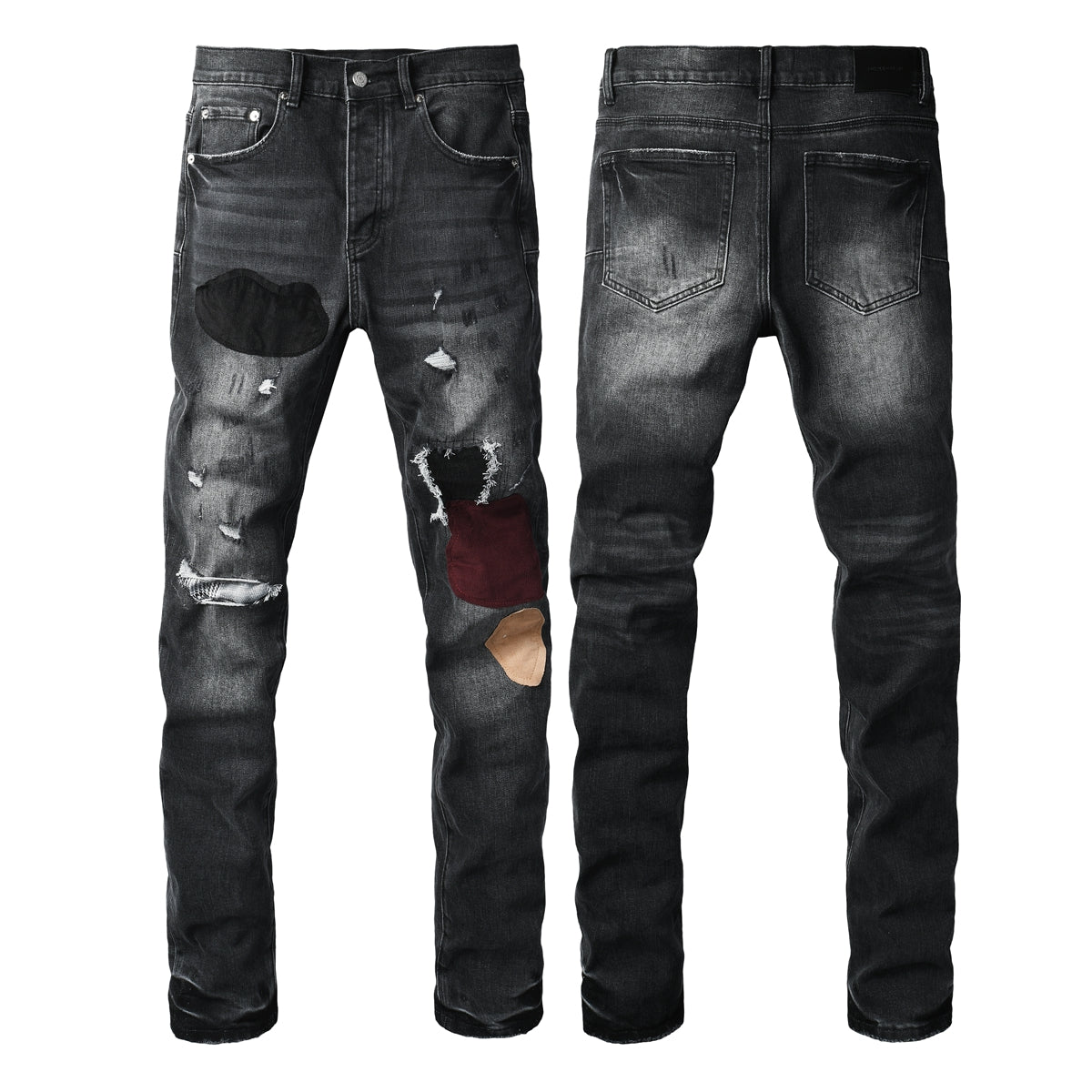 Vintage Distressed Black Denim Jeans Men Slim Fit Patchwork Stylish Pants 9135