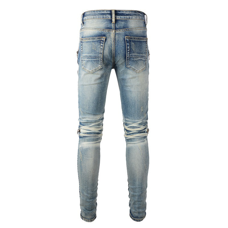 Korean Version Slim fit Locomotive Jeans High Street Jeans Zipper Sticker Splicing Jeans 606