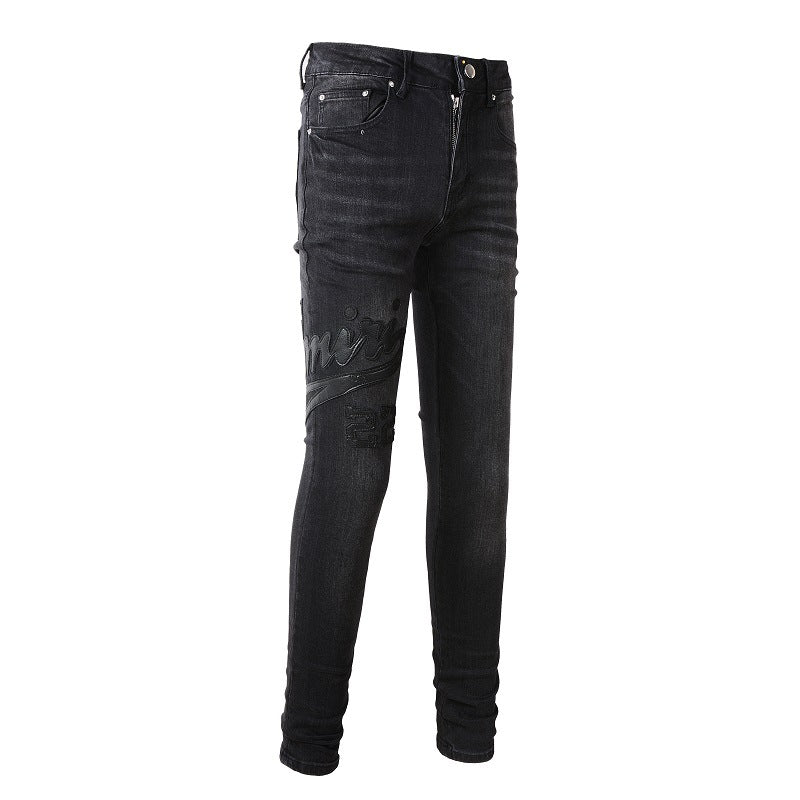Street Embroidery Splicing Jeans High Street Men Stretch Slim Jeans #1312