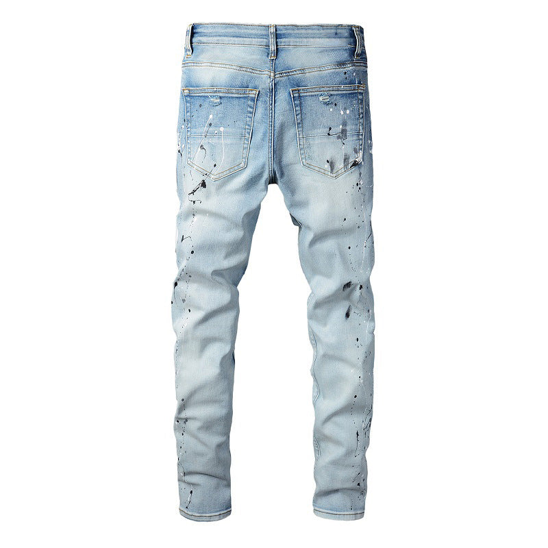 820 Denim Micro elastic Cotton Youth Light Blue Paint Ripped Patch Jeans
