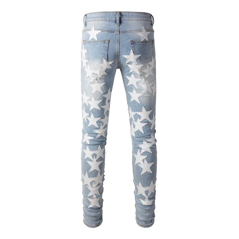 690 High Street Sticky White Star Jeans High Craft Elastic Slim Fit Small Foot Jeans