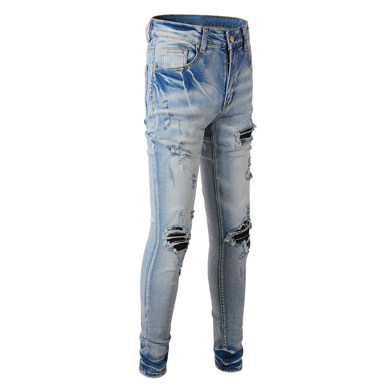 High Street Jeans Men's Ripped Patch Jeans Slim Fit Pants