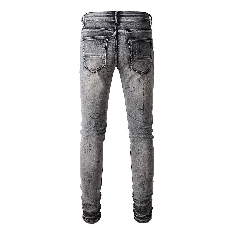Street Denim Ripped Micro elastic Cotton Youth Gray Paint splashed Slim Jeans 879