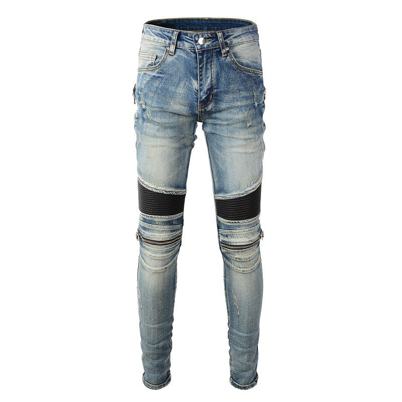 Korean Version Slim fit Locomotive Jeans High Street Jeans Zipper Sticker Splicing Jeans 606
