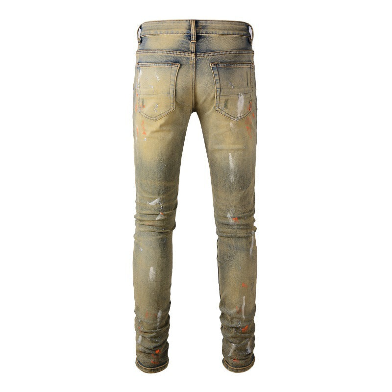 High Street Graffiti Ripped Patch Jeans Vintage Stretch Slim Jeans #6557