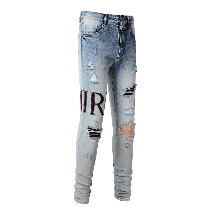 Street Letter Embroidered Jeans High Street Men Slim fitting Small Feet Jeans #1301