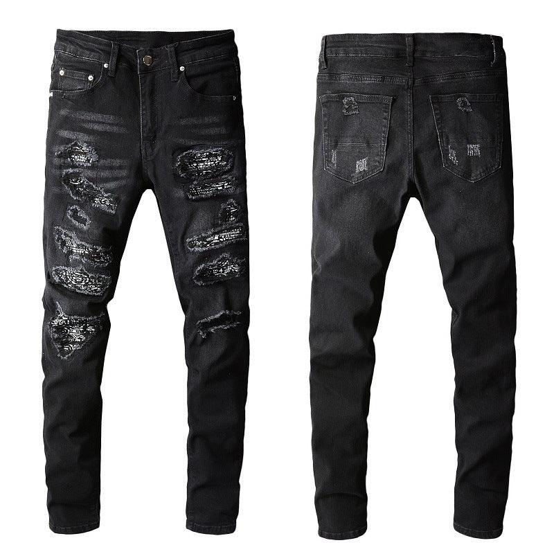 Jean noir moulant pour homme avec patchs cachemire et détails vieillis 669