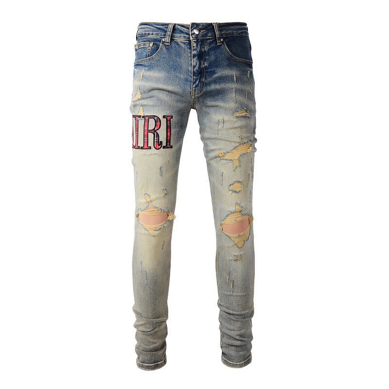 Street Letter Embroidered Jeans Blue Elastic Slim fit Jeans #888