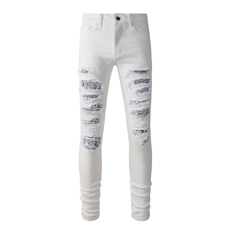 High Street White Slim Fit Elastic Ripped Patch Denim Casual Pants #843