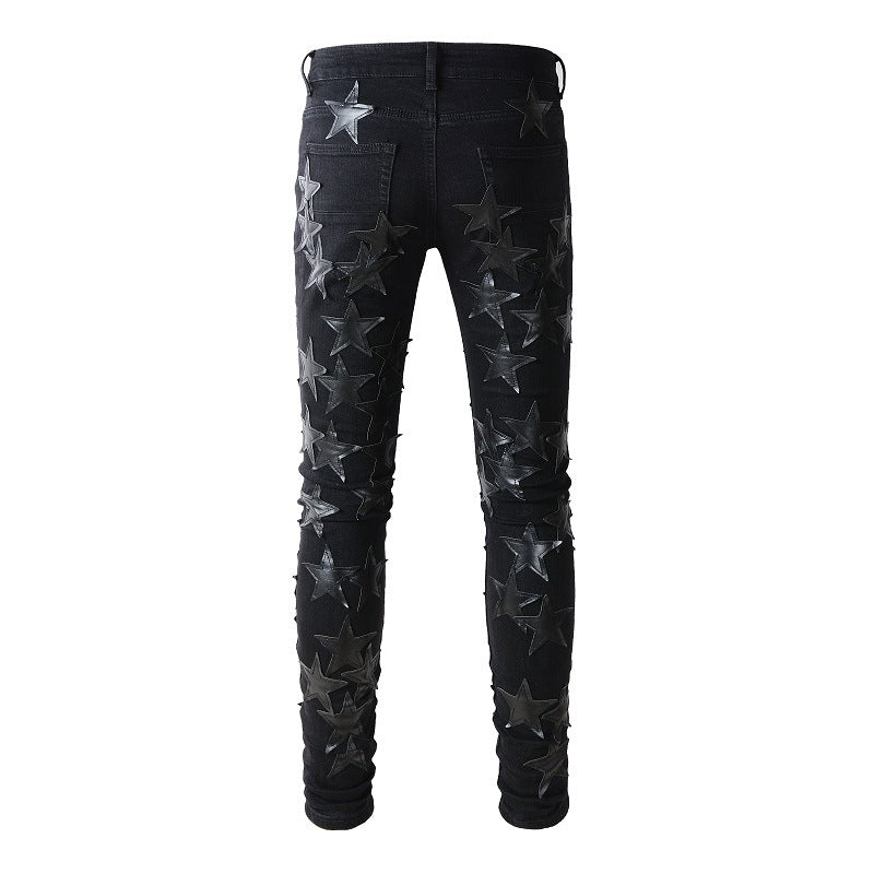 691 High Street Black Pentagram Jeans Young Men's Elastic Slim Small Foot Jeans