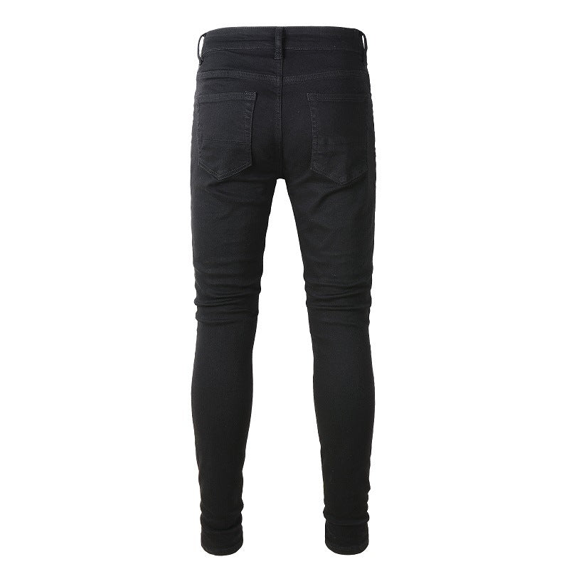 High Street Black Trousers Crumpled Jeans Stretch Men's Slim Fit Small Foot Jeans