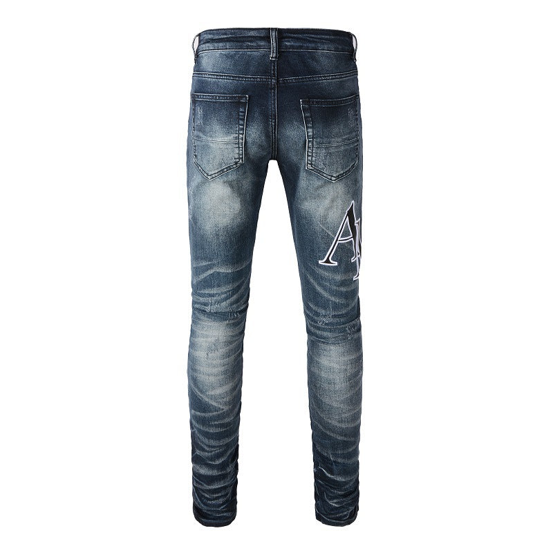 Street Letter Embroidery Ripped Patch Slim fit Small Foot Jeans