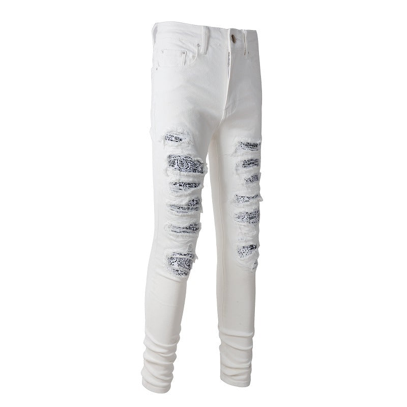 High Street White Slim Fit Elastic Ripped Patch Denim Casual Pants #843