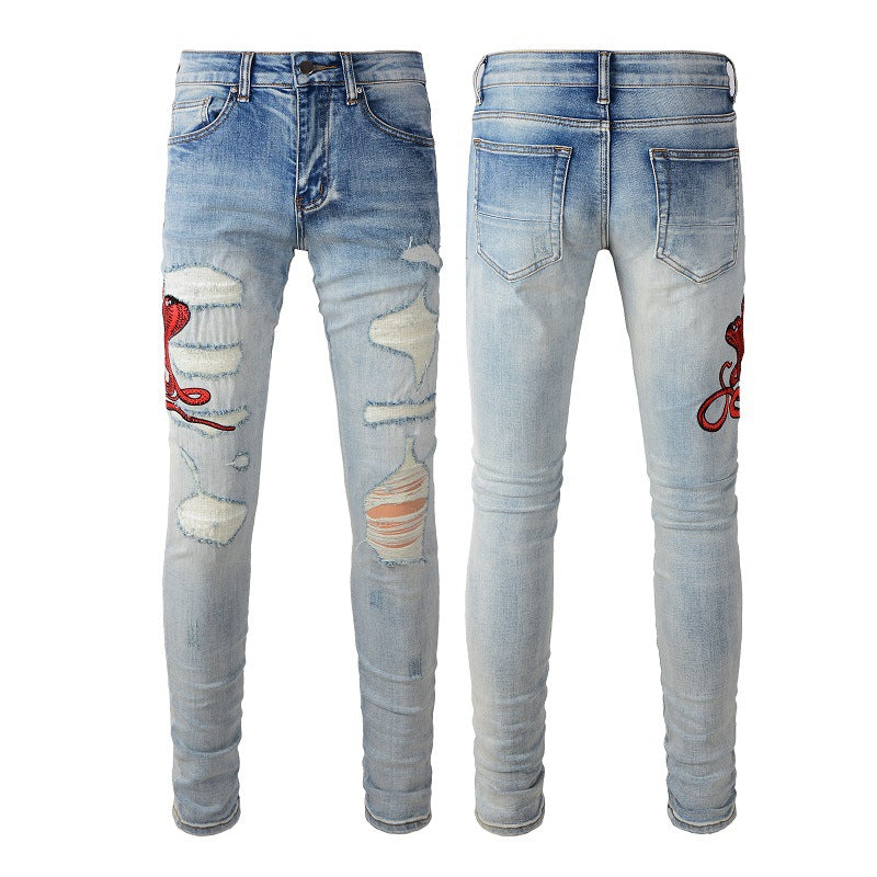 Street Embroidery Patch Small Feet Blue Jeans Men's Hair, Personalized Large Size Casual Pants #1346