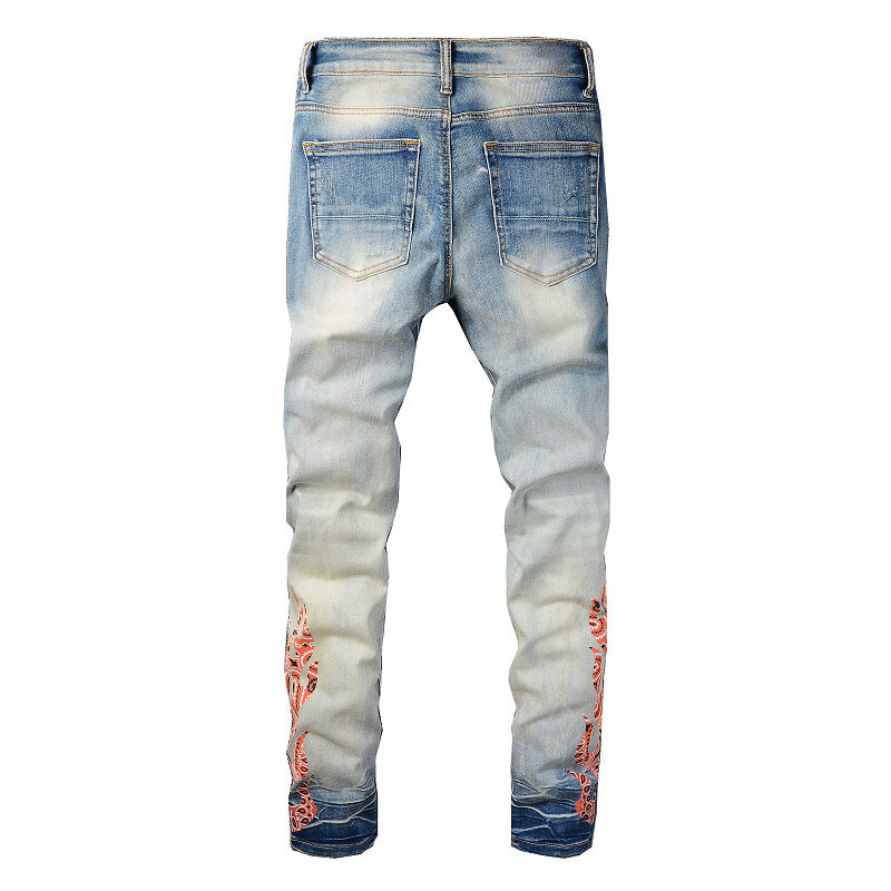 Street Ripped Patch Jeans High Street Men's Printed Slim fitting Pants #836