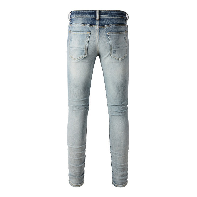High Street Jeans Men's Ripped Eye catching Blue Patch Beggar Jeans Korean Version #1332