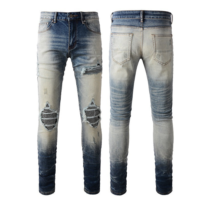 High Street Jeans Men's Ripped Patch Diamond Beggar Jeans #1331